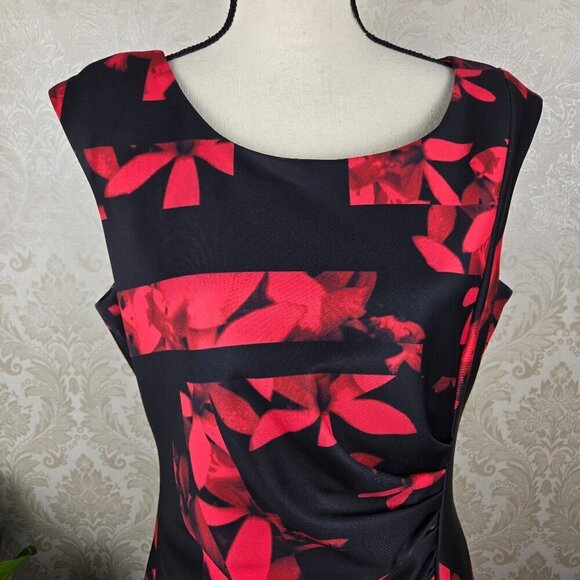 Karl Lagerfeld Sz 14 Black Red Floral Print Sheath Dress Sleeveless Ruched Front - Picture 2 of 14